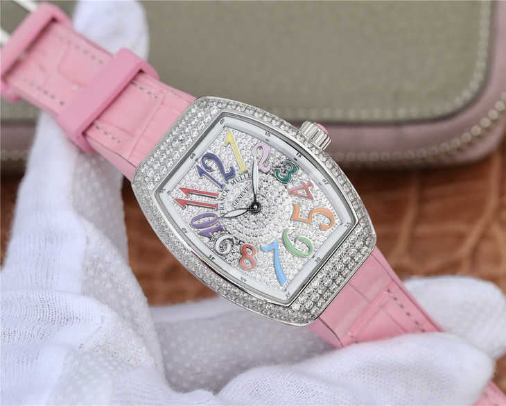 ABF法穆蘭Franck Muller V32 繫列 女士腕錶 粉色矽膠錶帶 石英機芯￥3480-精仿法蘭克穆勒