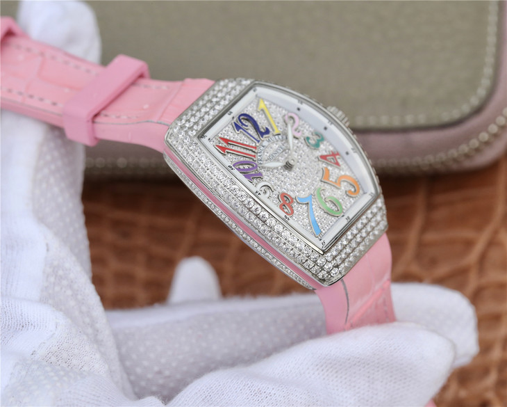 ABF法穆蘭Franck Muller V32 繫列 女士腕錶 粉色矽膠錶帶 石英機芯￥3480-精仿法蘭克穆勒